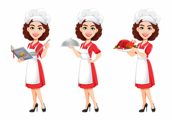 Chef woman, set of three poses. Cook lady