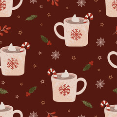 Colorful seamless pattern with illustration of Christmas mug with cocoa, cream and a Christmas cane lollipop