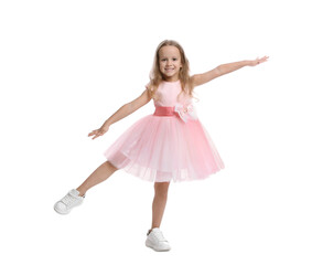 Naklejka premium Cute little girl in beautiful dress dancing on white background