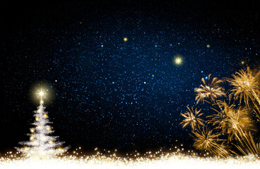 Fototapeta na wymiar White Christmas tree and colored firework on stars sky background.