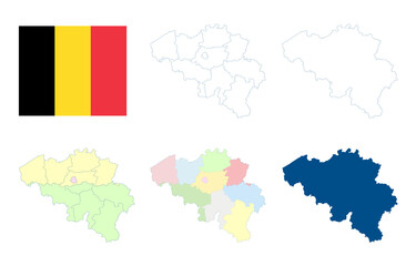 Belgium map. Detailed blue outline and silhouette. Administrative divisions. Regions and provinces. Country flag. Set of vector maps. All isolated on white background. Template for design.