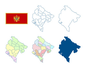 Montenegro map. Detailed blue outline and silhouette. Administrative divisions. Regions of Montenegro and municipalities. Country flag. Set of vector maps. All isolated on white background.