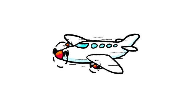 Cartoon three discs propellers engines aeroplane. Isolated flying cartoon animation machine. Seamless loop. Crazy doodle outline.