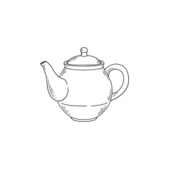 Kitchen teapot or kettle, hand drawn sketch vector illustration isolated.