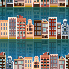 Old dutch town, houses and canals. Seamless pattern.