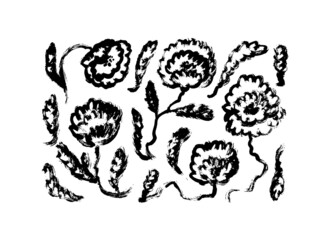 Vector set of graphic exotic flowers. Hand drawn brush painted floral clip art elements. Beautiful abstract flowers collection. Black and white botanical ink illustration isolated on white background