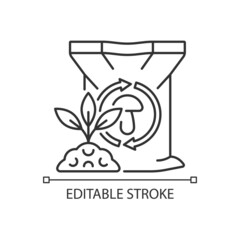 Mushroom manure linear icon. Organic supplement for plants. Natural substrate. Compost additive. Thin line customizable illustration. Contour symbol. Vector isolated outline drawing. Editable stroke