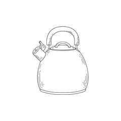 Doodle steel round kettle with whistle. Vector sketch illustration of kitchen utensils isolated on white background.
