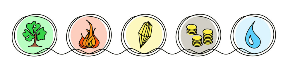 Abstract five elements of universe (wood, fire, earth, metal, water) in feng shui as line drawing on the white background