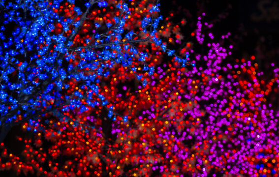 Bokeh, the light from the LED lamp looks blurry, blue, red, pink.