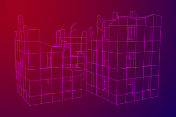 Destroyed building ruin and concrete, war destruction concept. Wireframe low poly mesh vector illustration.