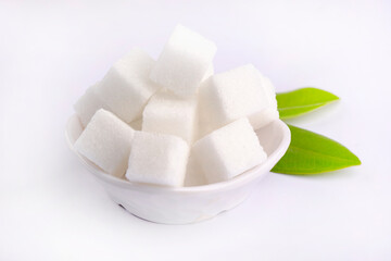 Sugar cubes.Cube sugar background, Sugar cubes in white bowl, isolated on white background.