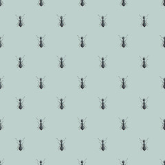 Seamless pattern colony ants on dark mint background. Vector insects template in flat style for any purpose. Modern animals texture.