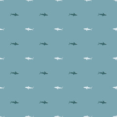 Seamless pattern Tiger shark pastel blue background. Gray and white textured of marine fish for any purpose.