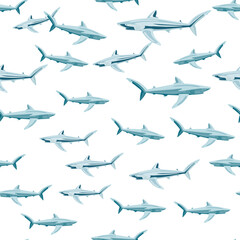 Seamless pattern Blue shark isolated on white background. Light gray textured of marine fish for any purpose.