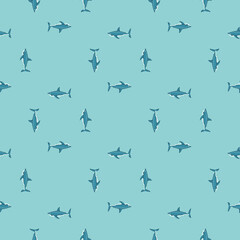 Seamless pattern shark on turquoise background. Texture of marine fish for any purpose.