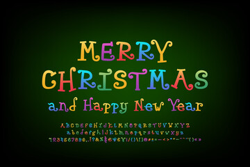 Obraz na płótnie Canvas Decorative card Merry Christmas and Happy New Year. Multicolor curly font on dark-green background