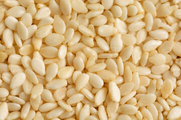 White sesame seeds background close up