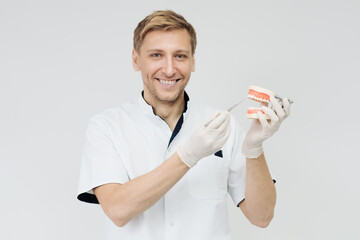 Dentist showing the correct dental hygiene using mock-up of skeleton of teeth. Stomatologist doctor...