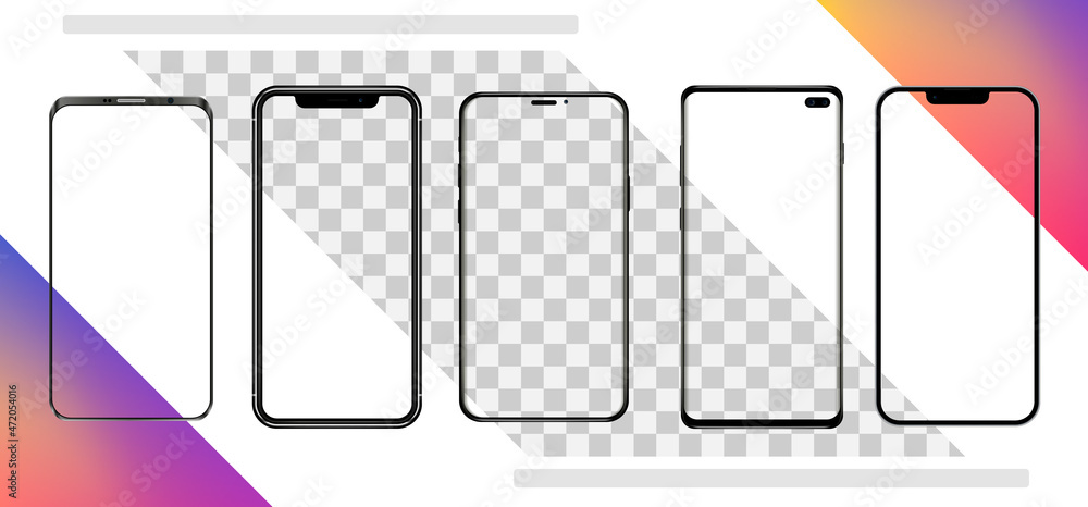 Poster mobile phone different mockup vector. smartphone isolated on white background. cellphone frame mock 