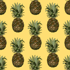 Seamless background with pineapple on yellow background. Bright endless pattern with fruits for your design
