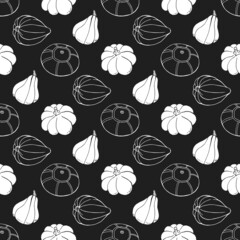 Seamless pattern with hand drawn outline squash. Endless texture with black and white contour vegetables for your design