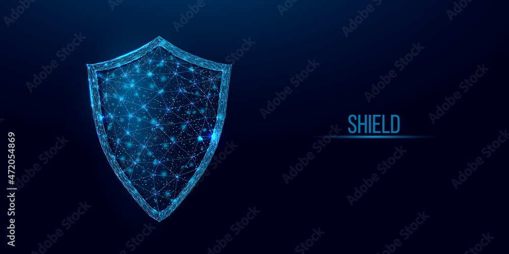 Aufkleber guard shield. cyber security concept with glowing low poly shield on dark blue background. wireframe