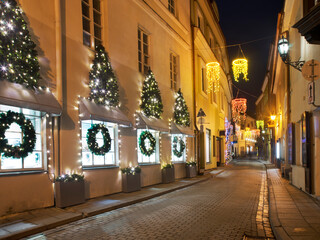 Holiday decorations of Stikliu street in Vilnius. Lithuania