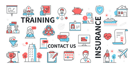 Training, insurance and contact us - colorful line design icon set