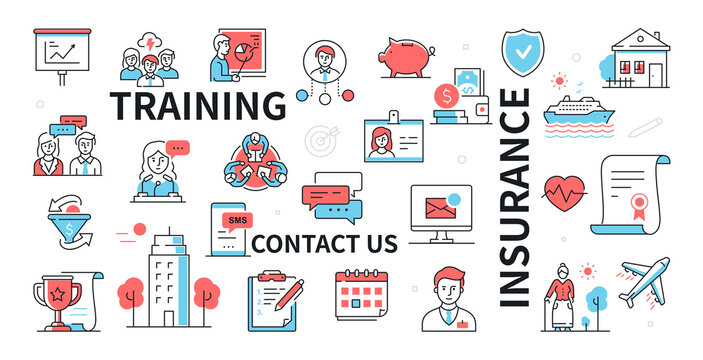 Training, insurance and contact us - colorful line design icon set