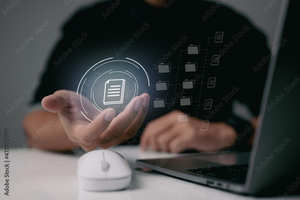 Poster Files, knowledge, and documentation in an enterprise with ERP, Document Management System (DMS), online documentation database, and process automation. Business technology for corporations.