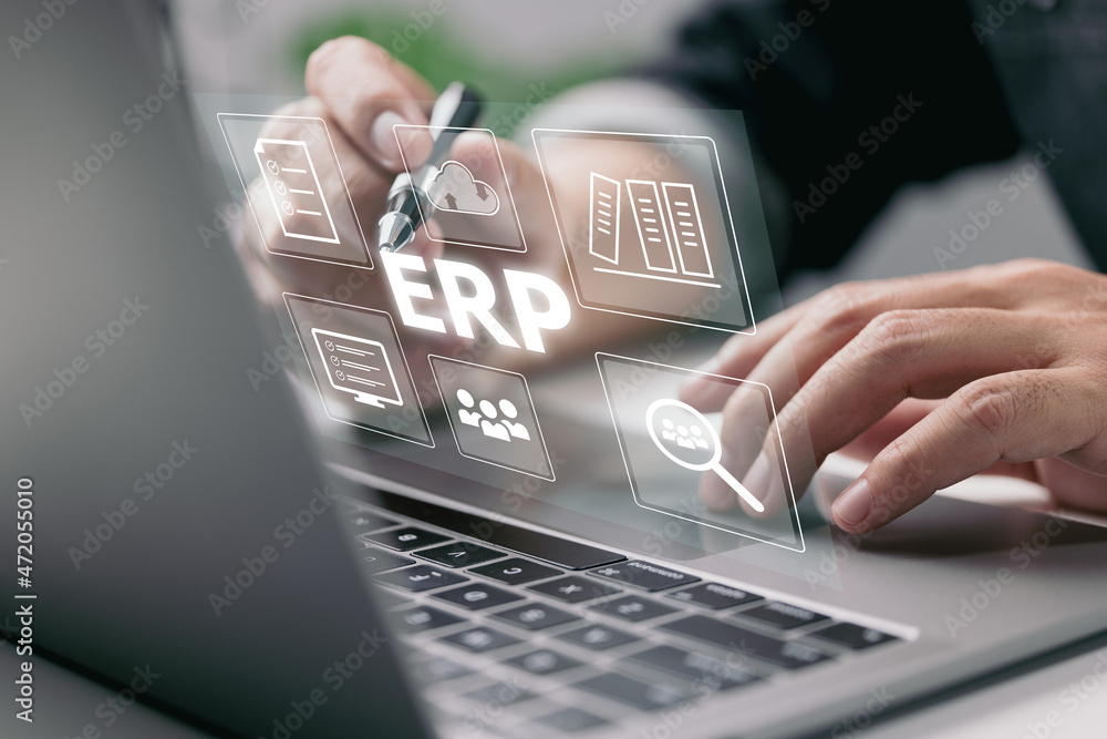 Poster enterprise resource planning (erp) is a business resource planning software system. on a virtual scr