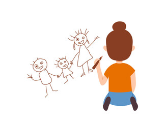 Child girl sits on the floor and draws family on the wall, cartoon vector illustration isolated on white background.