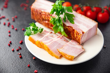 fresh bacon pork piece fat with meat meal snack on the table copy space food background rustic