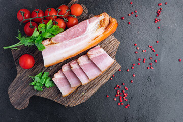 fresh bacon pork piece fat with meat meal snack on the table copy space food background rustic