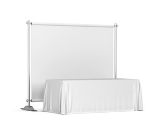 Blank tradeshow tablecloth with backdrop banner mockup