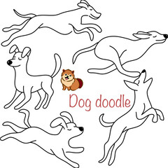 Doodle Cartoon dog illustration set in different poses. Cute sitting, running and lying vector dog isolated on white background