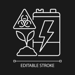 Battery soil contamination threat white linear icon for dark theme. Heavy metal land pollution. Thin line customizable illustration. Isolated vector contour symbol for night mode. Editable stroke