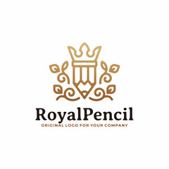 Royal pencil, unique pencil with crown logo design template.