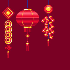 Happy Chinese New Year greeting card. Background with talismans and holiday decorations. Asian tradition symbols.