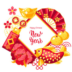 Happy Chinese New Year greeting card. Background with talismans and holiday decorations. Asian tradition symbols.