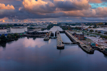 Aerial view of the dam in the canal in Manchester, UK at dusk.