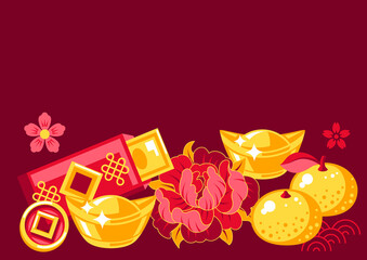 Happy Chinese New Year greeting card. Background with talismans and holiday decorations. Asian tradition symbols.