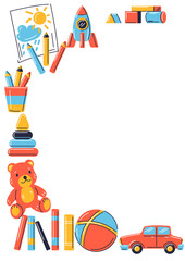 Background with various kids toys. Happy childhood symbols. Playing game with friends.