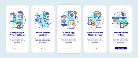 Privacy in internet tips onboarding mobile app page screen. Information protect walkthrough five steps graphic instructions with concepts. UI, UX, GUI vector template with linear color illustrations