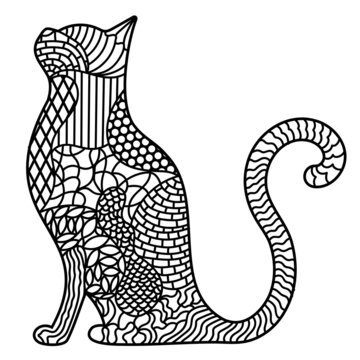 Antistress meditative cat coloring page. Hand drawn in doodle style, zentangle, vector illustration