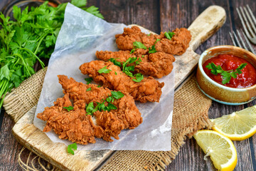 
 Crispy  deep fried   chicken strips and wedges potato. Breaded  with cornflakes chicken  breast fillets  with chilly peppers and fresh   basil on wooden rustic background