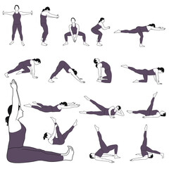 Vector silhouettes of woman in costume practicing yoga exercises. Set of shapes of girl doing fitness workout. Set of yoga position icons.  