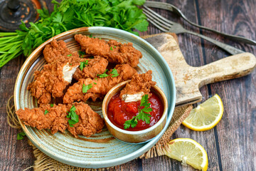 
 Crispy  deep fried   chicken strips and wedges potato. Breaded  with cornflakes chicken  breast fillets  with chilly peppers and fresh   basil on wooden rustic background