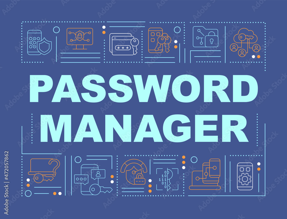 Fototapete Password manager saving information tool word concepts banner. Infographics with linear icons on green background. Isolated creative typography. Vector outline color illustration with text